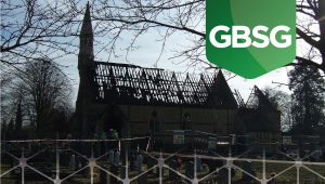 A burnt out church that didn't have fire protection