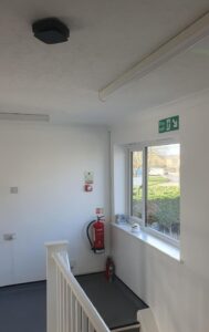 Landing of a commercial office, with fire security measures in place